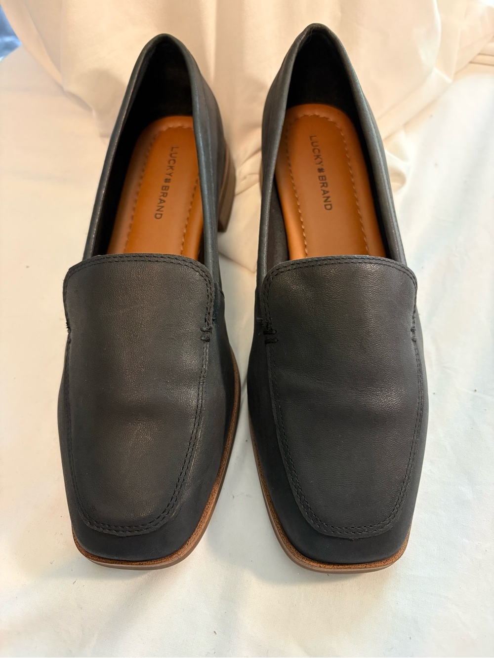 Lucky Brand Dark Navy Leather Square-Toe Slip-On Loafers with Tan Insole
